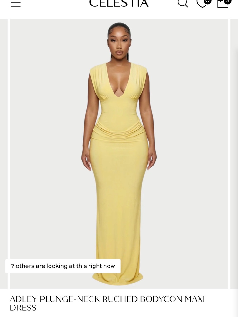 Plunge-Neck Ruched Bodycon Maxi Dress in Yellow